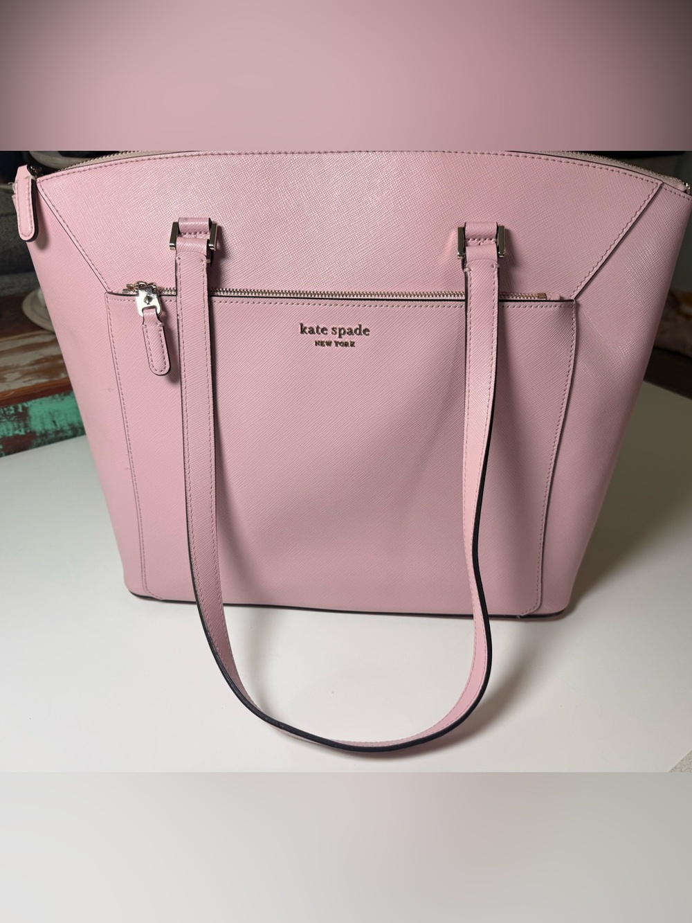 kate spade Pink Saffiano Leather Tote with Front Zip Pocket - Picture 2 of 15